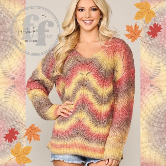 Gigio Autumn Sunset Fall Foliage Wavy Ombre Stripe Open Knit Pastel Sweater - Picture 2 of 6